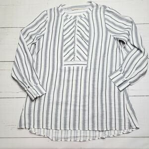 Soft Surroundings Belinda Tunic Top White Navy Blue Striped Snap Front Small